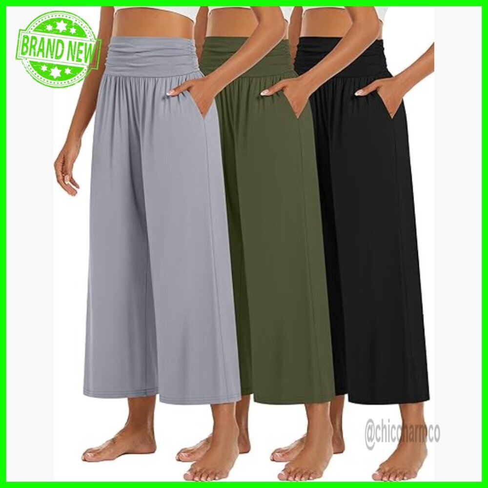 3 Pack High Waist Wide Leg Palazzo Pants, Yoga Lounge Cropped Capri with Pockets
